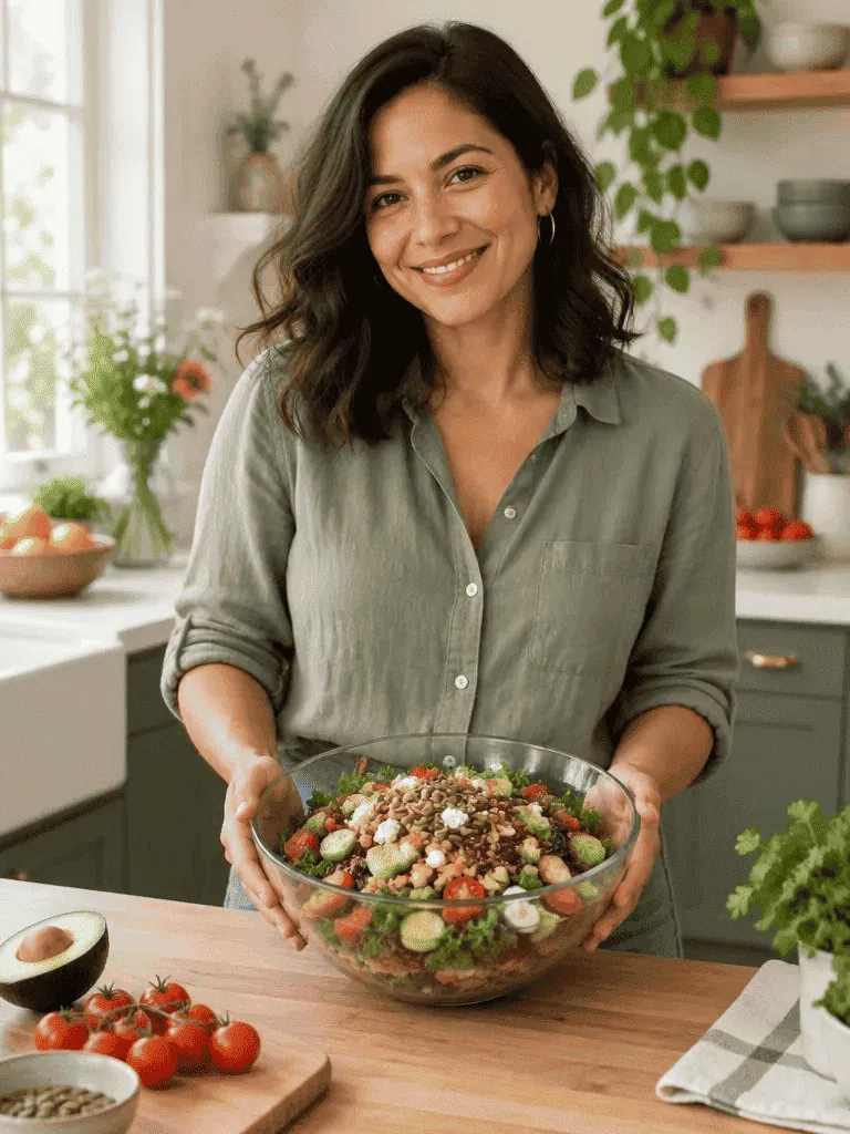 Valentina sonriendo en su cocina con un tazón de ensalada fresca