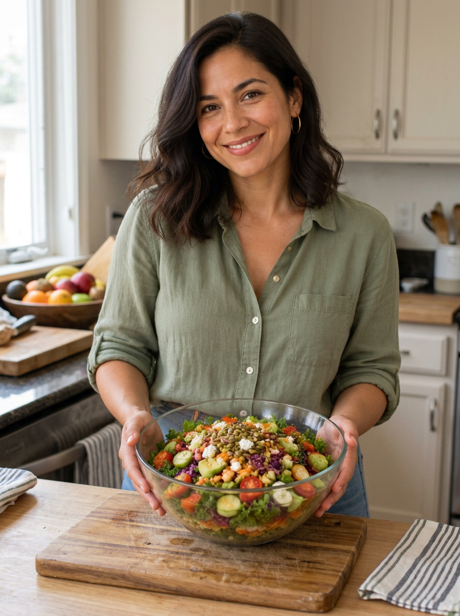 Valentina sonriendo en su cocina con un tazón de ensalada fresca